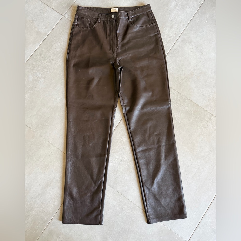 Aritzia Melina Faux Leather Straight Leg Pants Rich Brown (14 Tall)